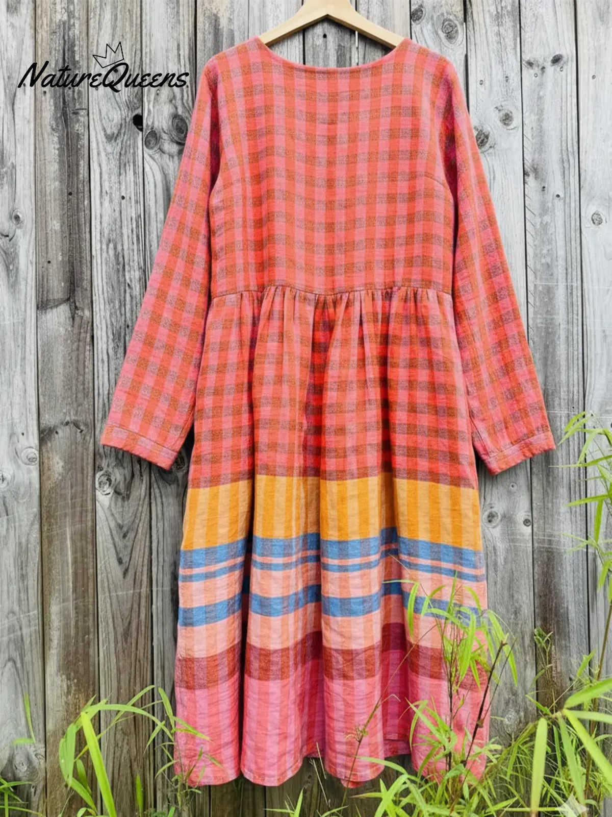 Women's Colorful Plaid Print Cotton And Linen Dress