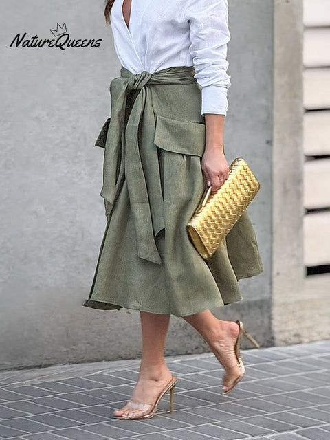 Women's Cotton And Linen Lace-up Pocket Skirt