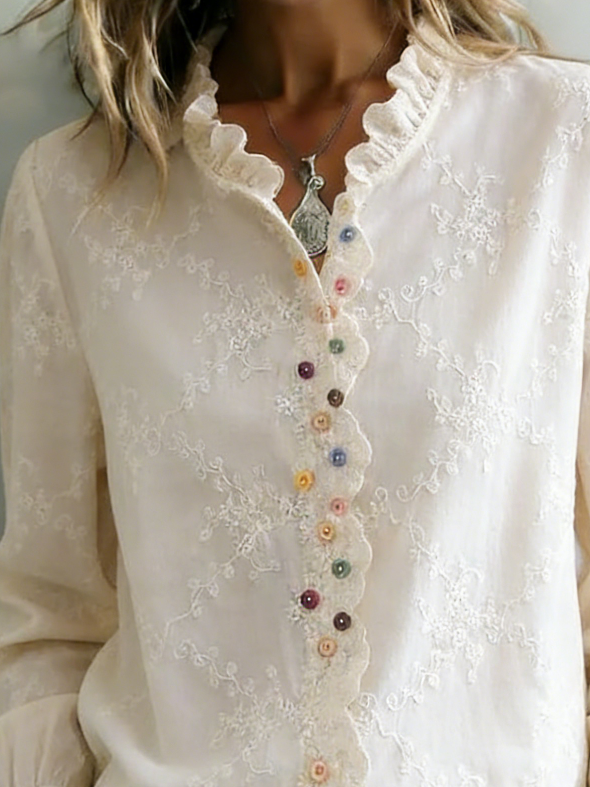 Colorful button bouquet embroidered cotton shirt