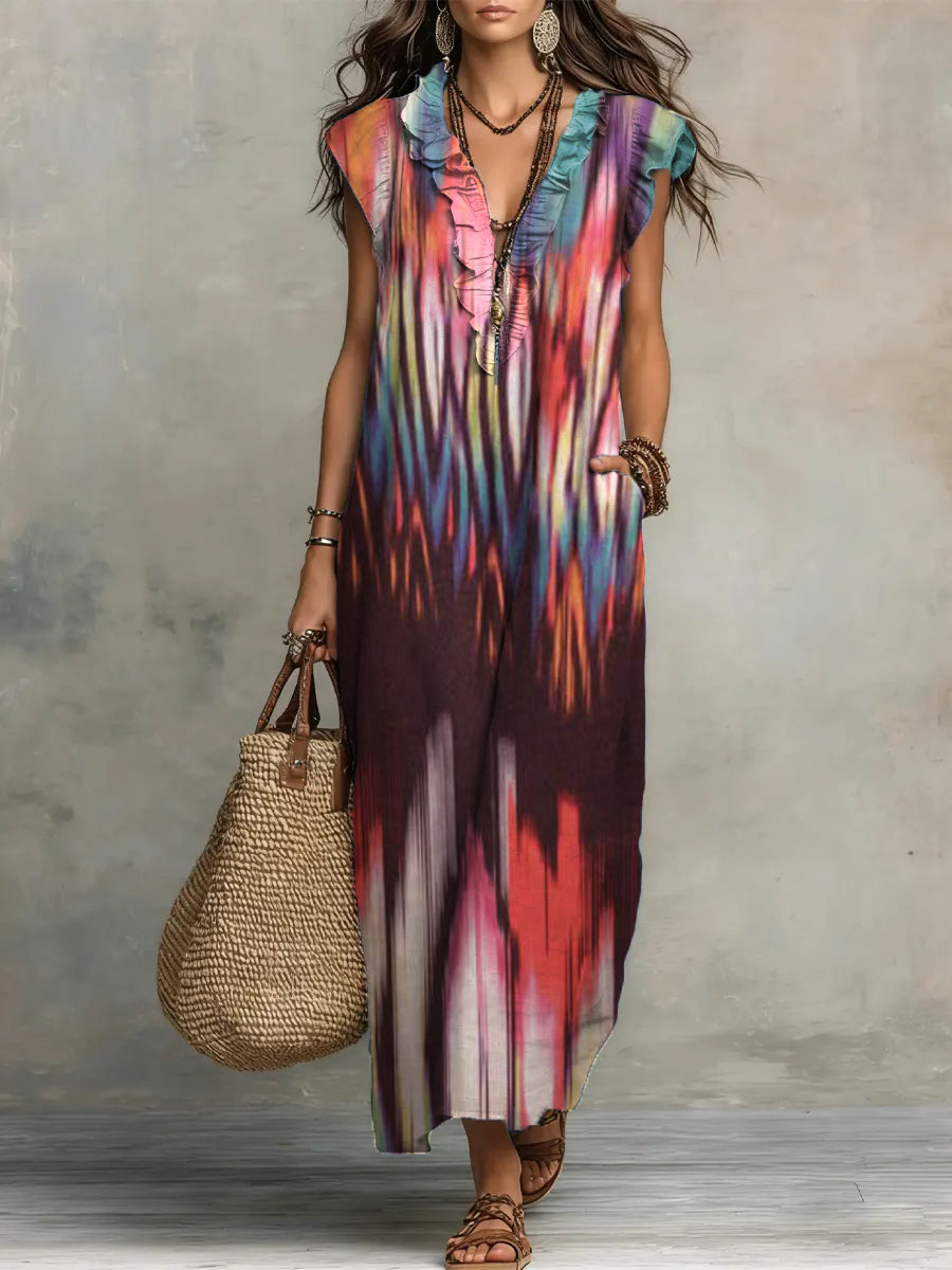 Retro Abstract Art Cotton-linen Ruffled Dress