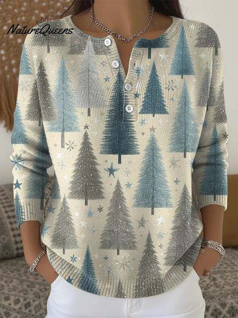 Christmas Tree Print Buttoned Cardigan Sweater