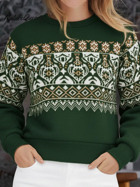 Retro Fair Isle Print Brushed Crew Neck Sweatshirt Pullover