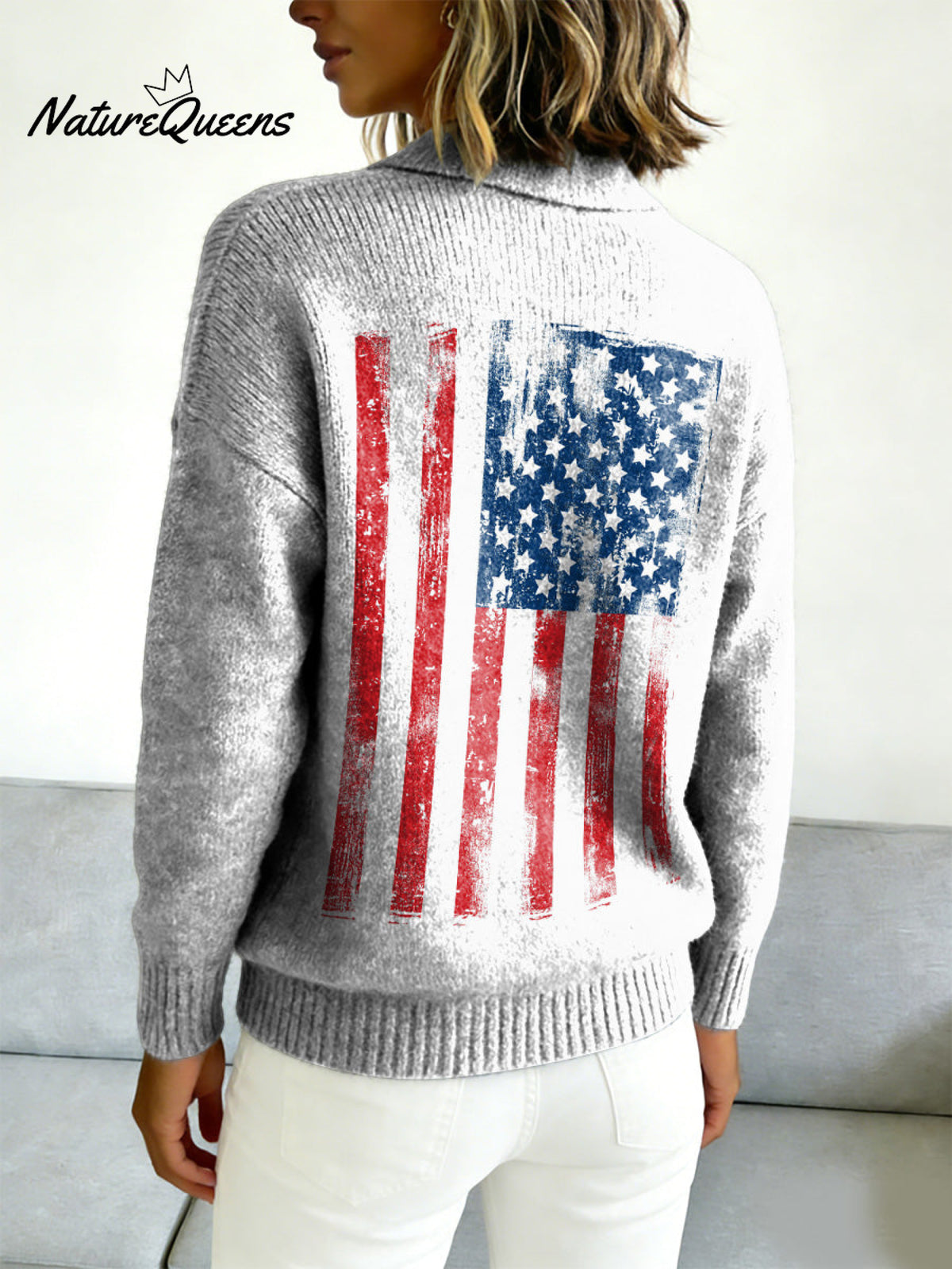 Distressed American Flag Decorative Pattern Casual Shirt Collar Long Sleeve Sweater