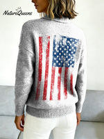 Distressed American Flag Decorative Pattern Casual Shirt Collar Long Sleeve Sweater