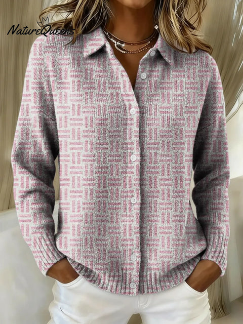 Women's Minimalist Pink Geometric Pattern Printed Collared Sweater