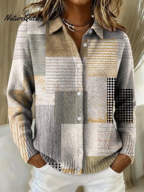 Women's Geometric Patchwork Printed Collared Sweater