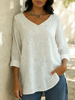 Casual Loose-fitting Floral Embroidery Cotton Shirt Blouse
