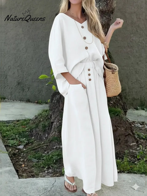Women's V-neck Button-down Linen Cotton Top And Skirt Two-piece Set