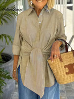 Women's Striped Print Tie-front Lapel Long-sleeved Loose Casual Shirt