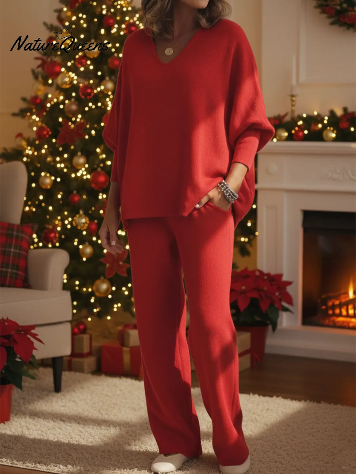 Cozy Solid Color V-neck Knit Top And Pants Two-piece Set