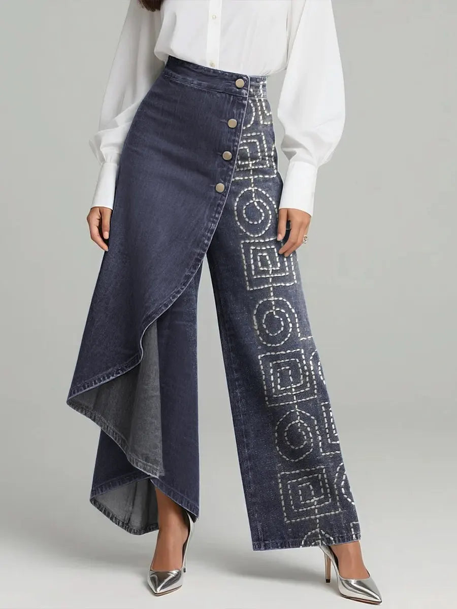 Women's Vintage Pattern Art Print Casual Cotton Denim Pants