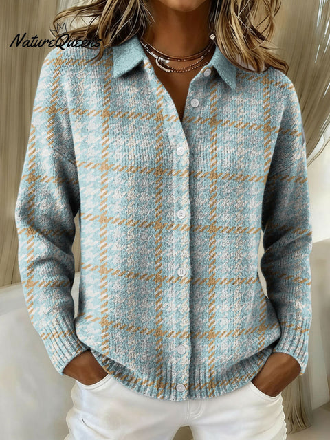 Fresh plaid decorative pattern Women's Casual Shirt Collar Sweater