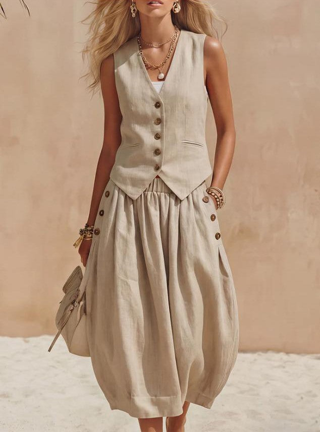 Linen Sleeveless Vest + Tulip-hem Lantern Skirt Two-piece Set