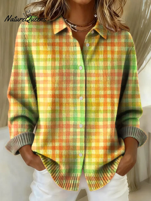 Women's Plaid Pattern Art Print Casual Cotton Knitted Sweater