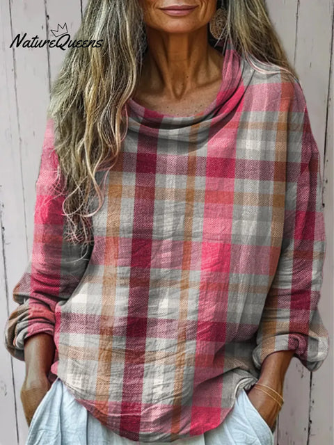 Women's Retro Plaid Art Print Cotton Casual   Shirt