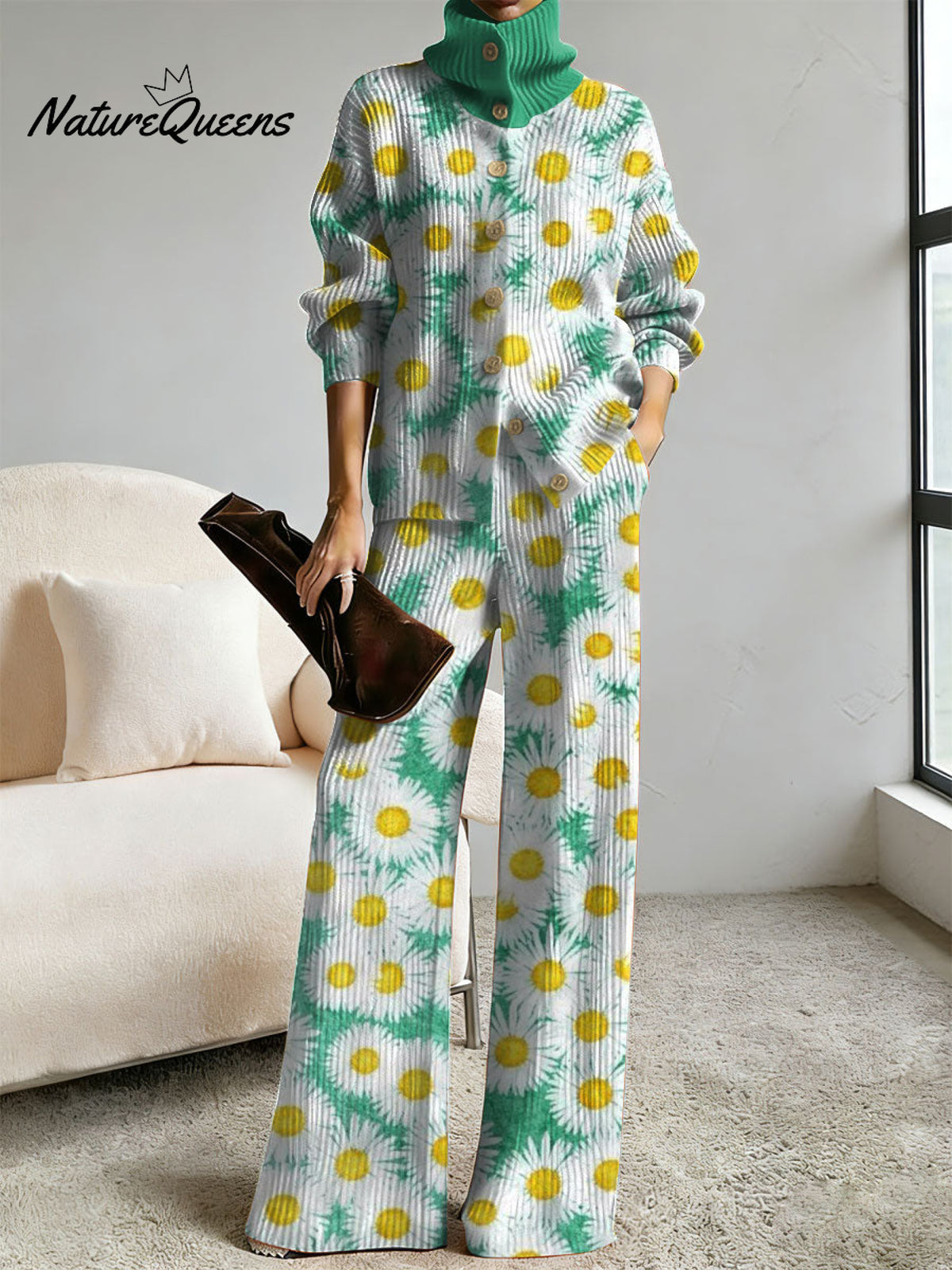 Women's Floral Pattern Art Print Casual Cotton Knitted Suits