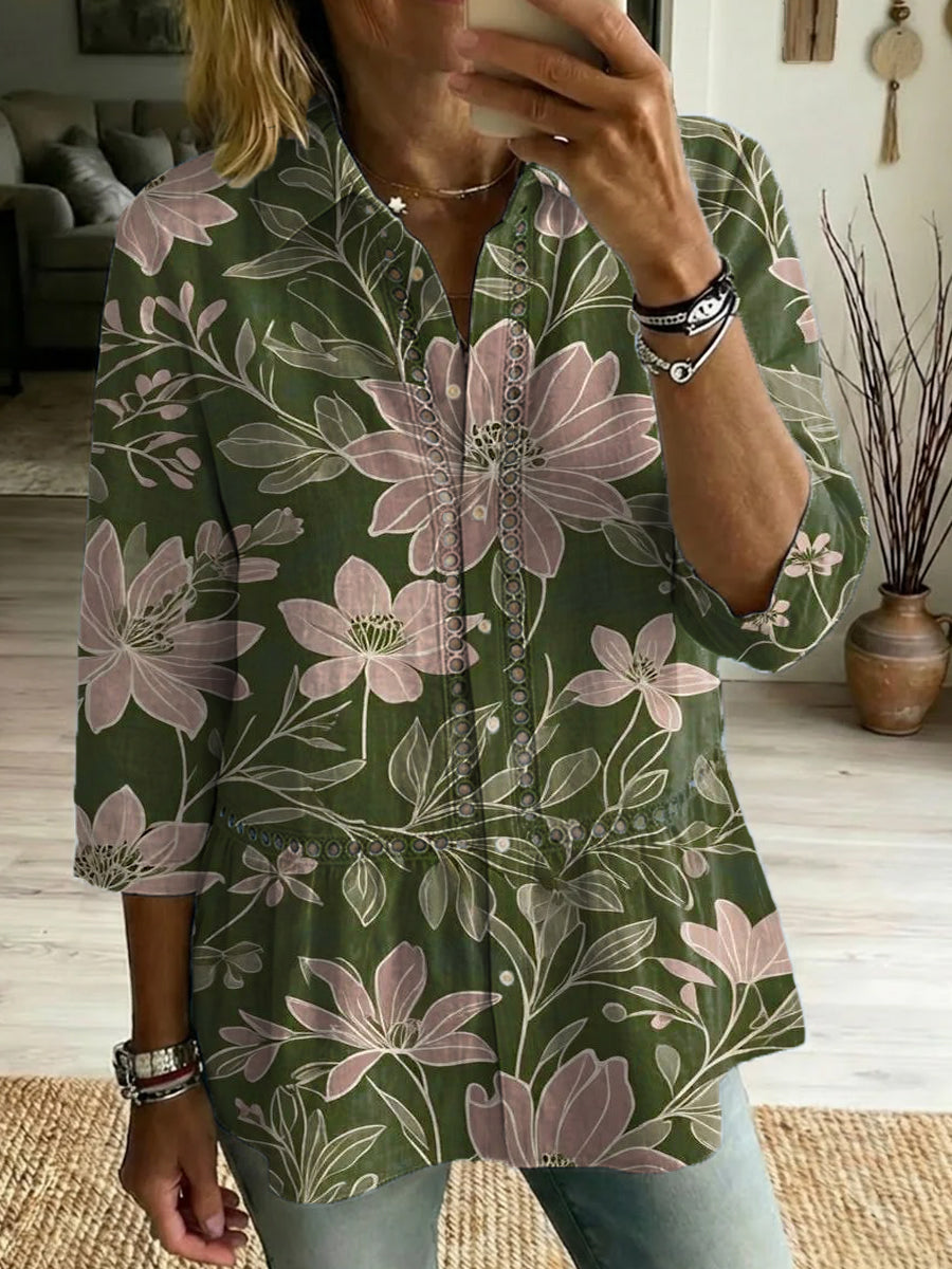 Women's Vintage Botanical Art Print Casual Cotton Shirt With Lapel Collar