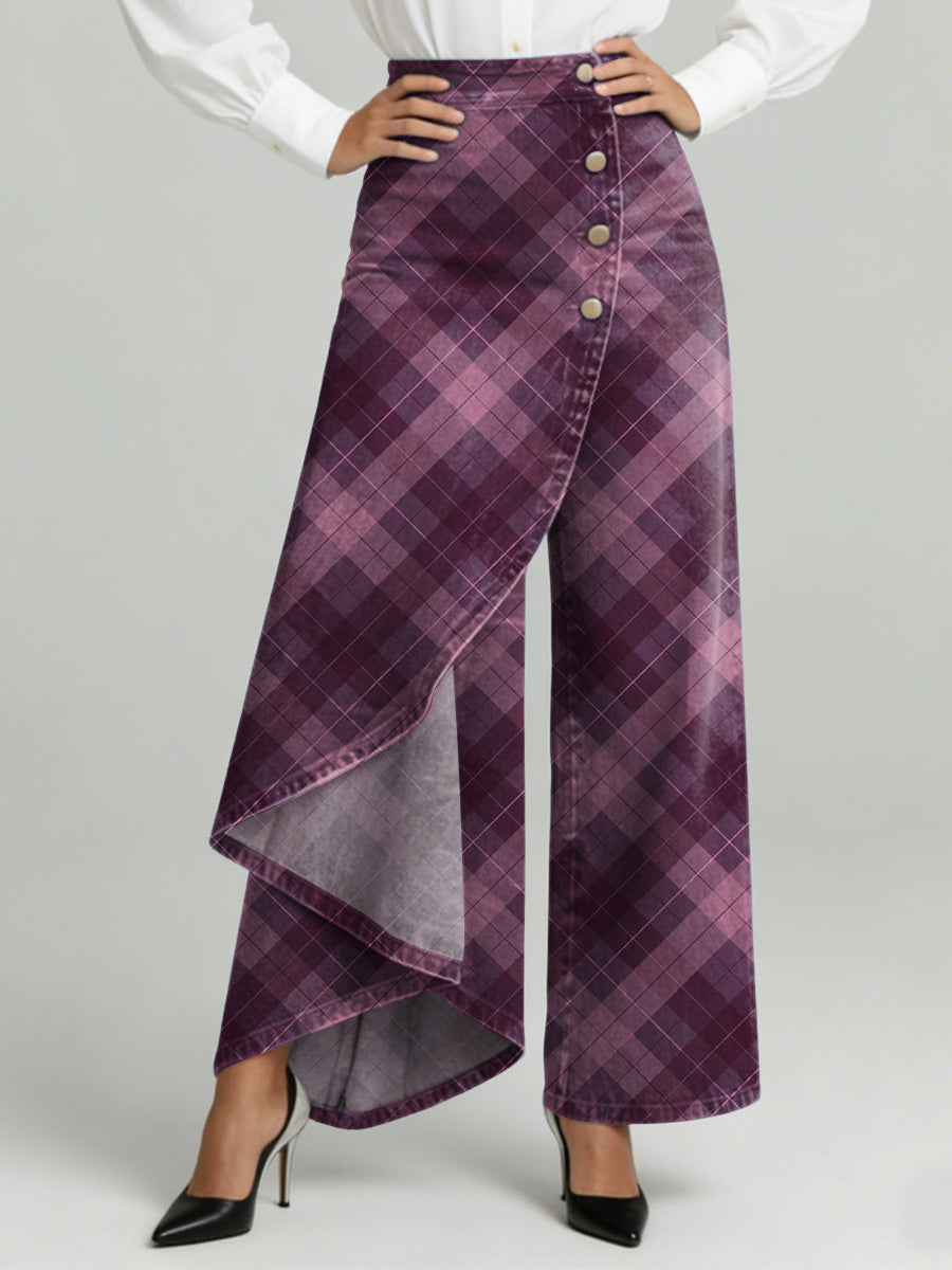 Women's Violet Checkered Decorative Pattern Classic Plaid Pattern High-waisted Relaxed Fit Wide-leg Jeans With A Stylish Design