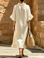 Women's Ruffled Art Casual Short Sleeve Cotton Linen Maxi Dress