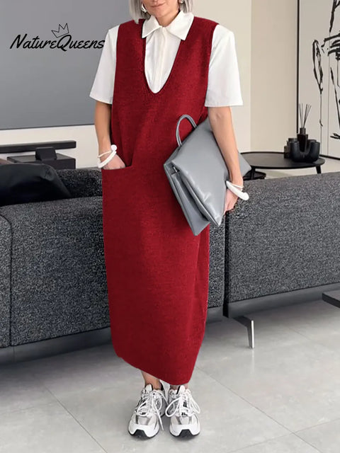 Women's Solid Color V-Neck Sleeveless Casual Loose Vest Dress