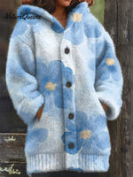 Blue Gradient Elegant Floral Decorative Pattern Casual Long Sleeve Hooded Coat