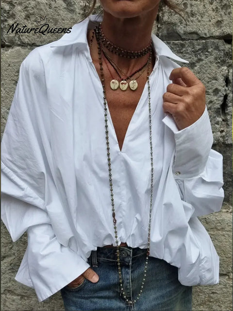 Women's Casual V-neck Long-sleeved Cotton Shirt