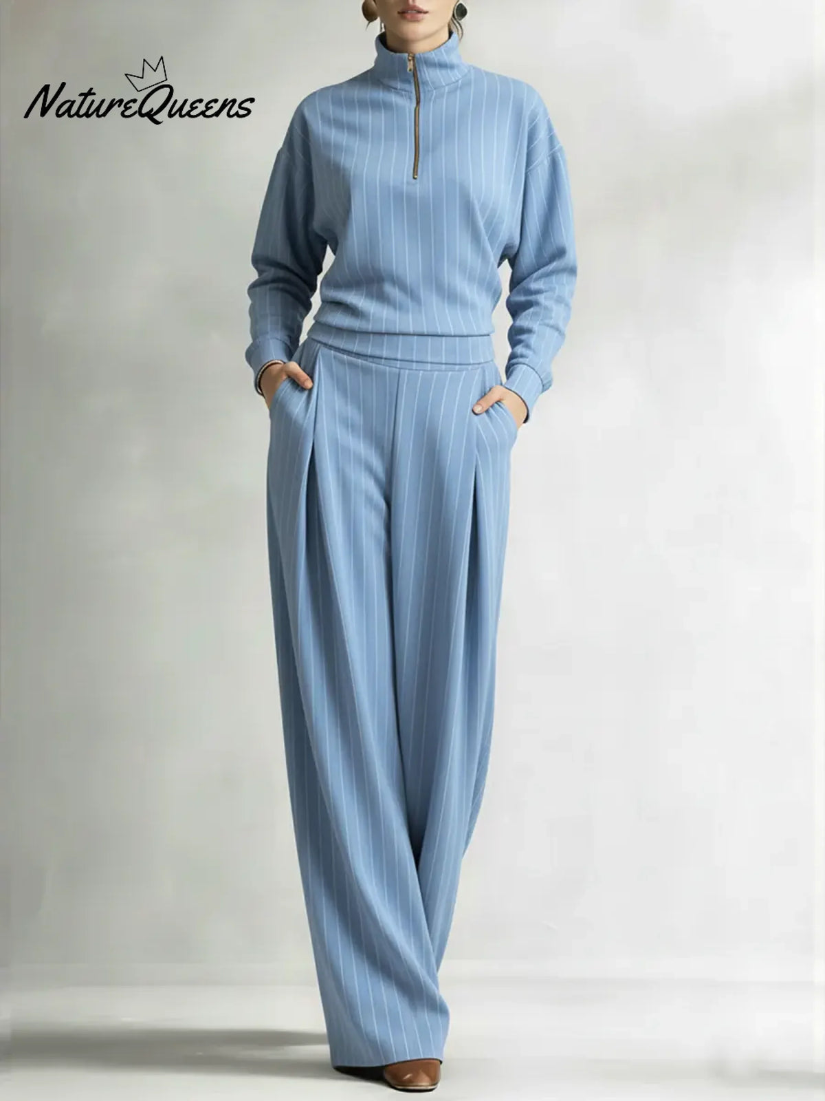 Women's Striped Stretch Cotton Half-zip Top And Wide-leg Pants Two-piece Set