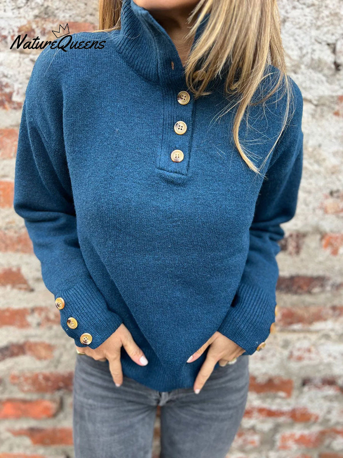 Women's Stand-up Collar Knit Solid Color Button Casual Loose Sweater