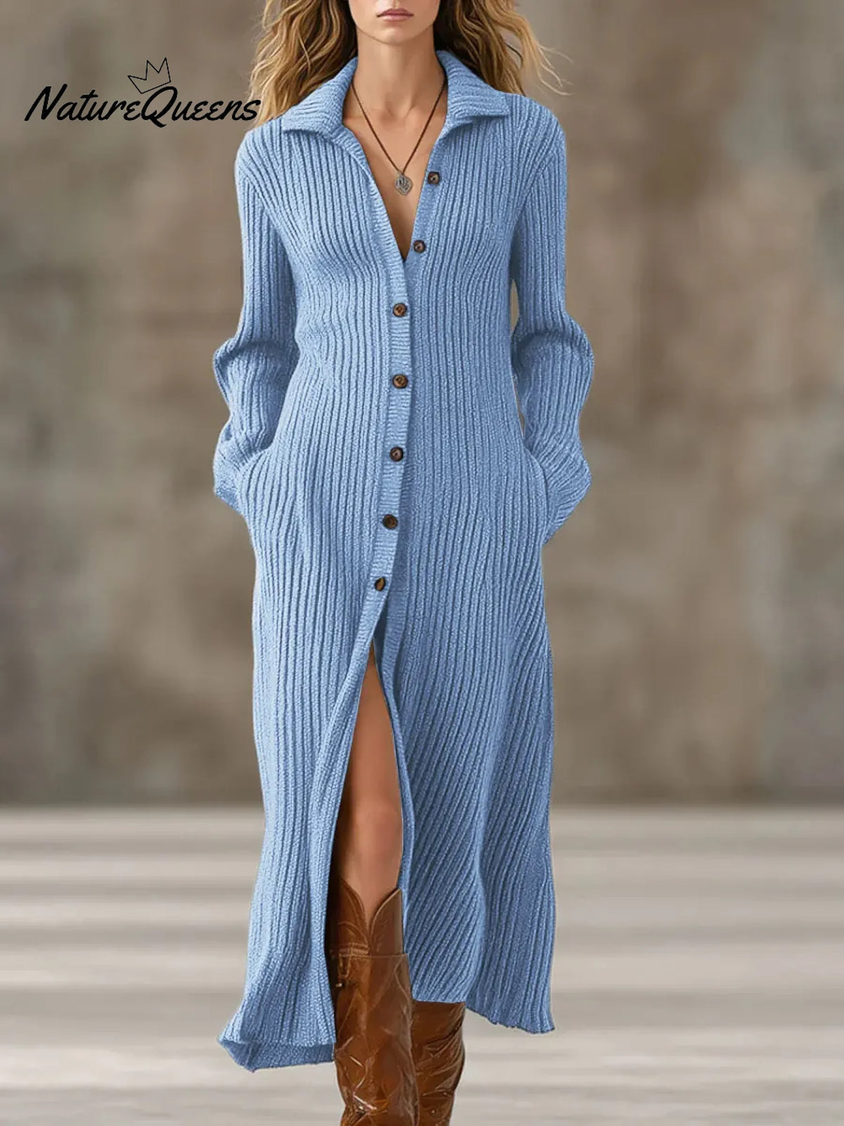 Women's Solid Color Shirt Collar Long Sleeve Casual Loose A-line Knit Dress