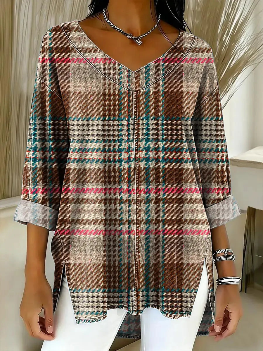 Women's Plaid Pattern Art Print Casual Denim Shirt