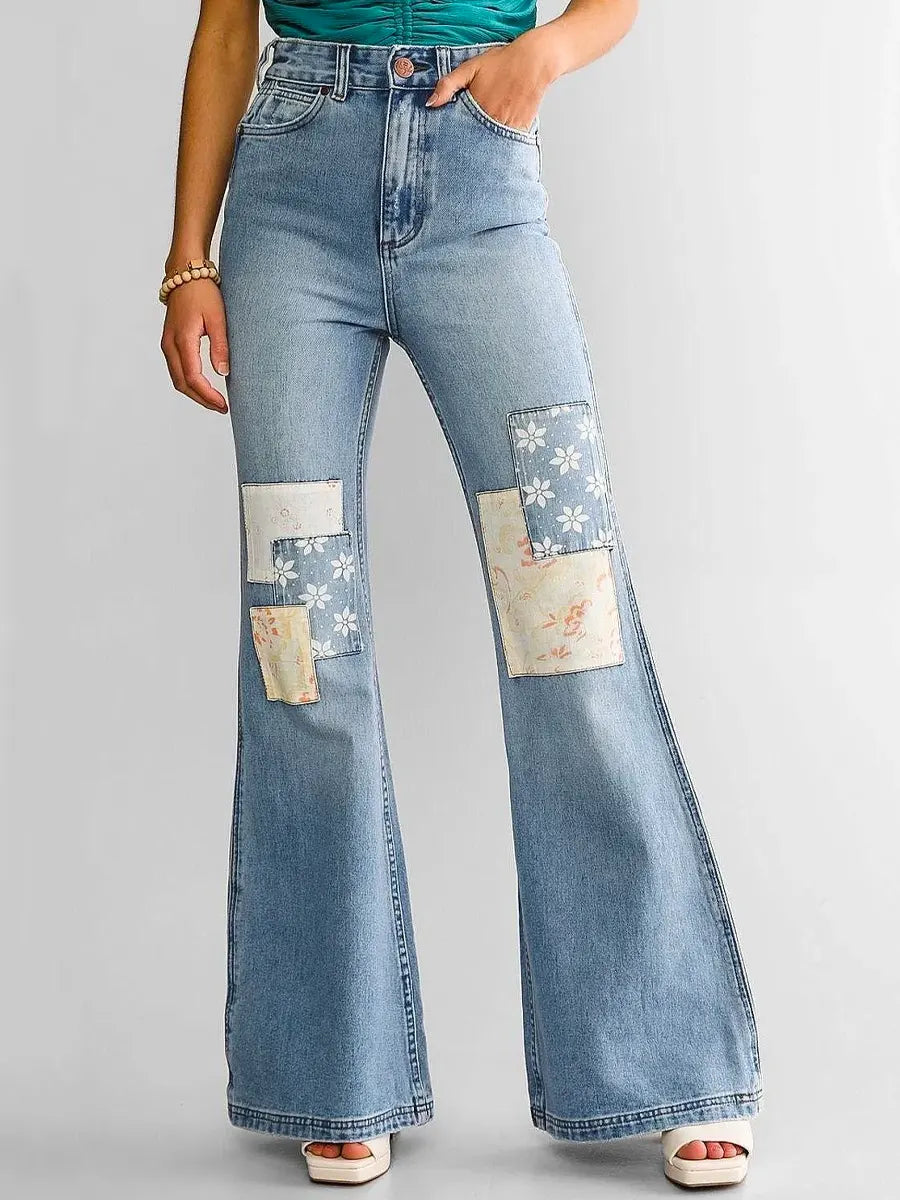 Women's Vintage Pattern Art Print Casual Cotton Denim Jeans