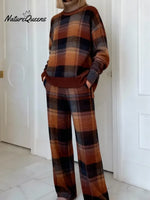 Women's Vintage PlaidArt Print Casual Knitted Cotton Top Pants Suit