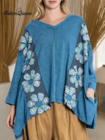 Women's Color-blocked Print V-neck Long-sleeve Casual Loose Cotton Top