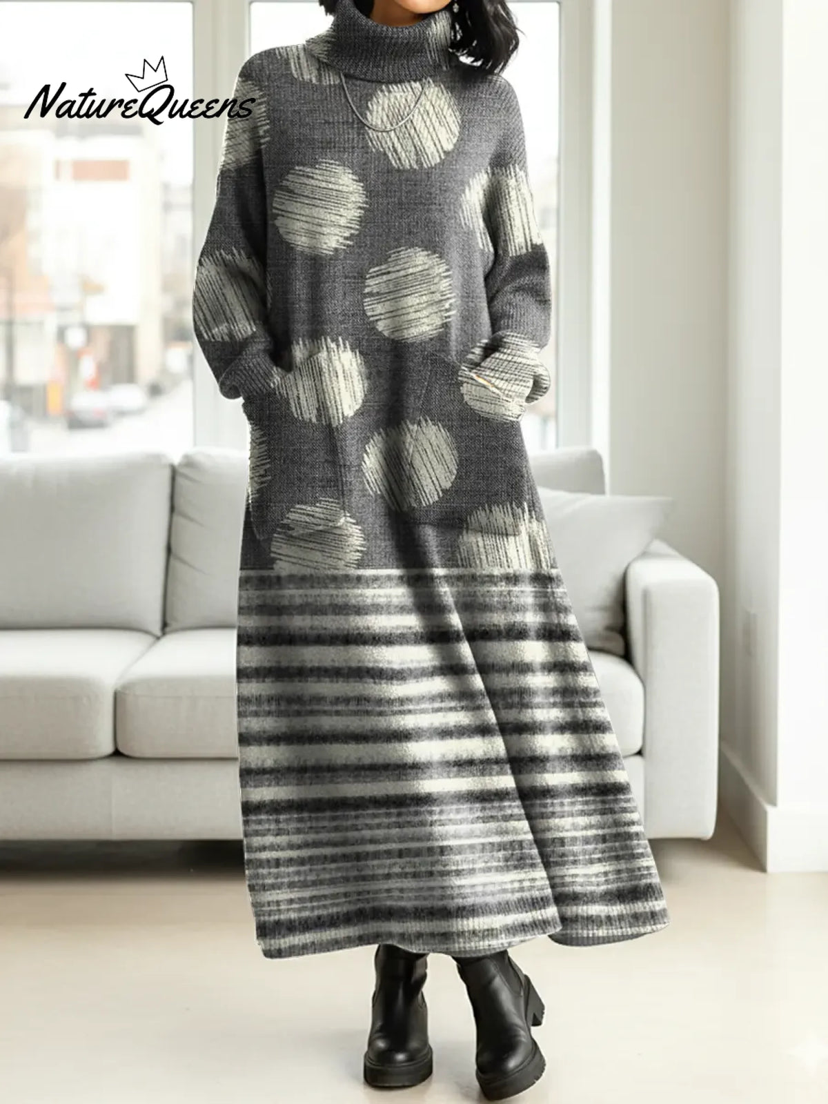 Women's Patchwork Art Print Casual Cotton Knitted Dress