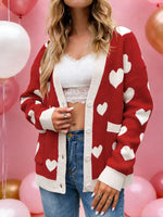 Women's Heart-patterned Print V-neck Long-sleeved Casual Loose-fitting Knitted Cardigan