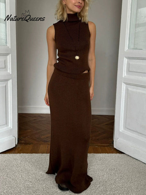 Women's Casual Elegant Knitted Turtleneck Vest And Skirt Set