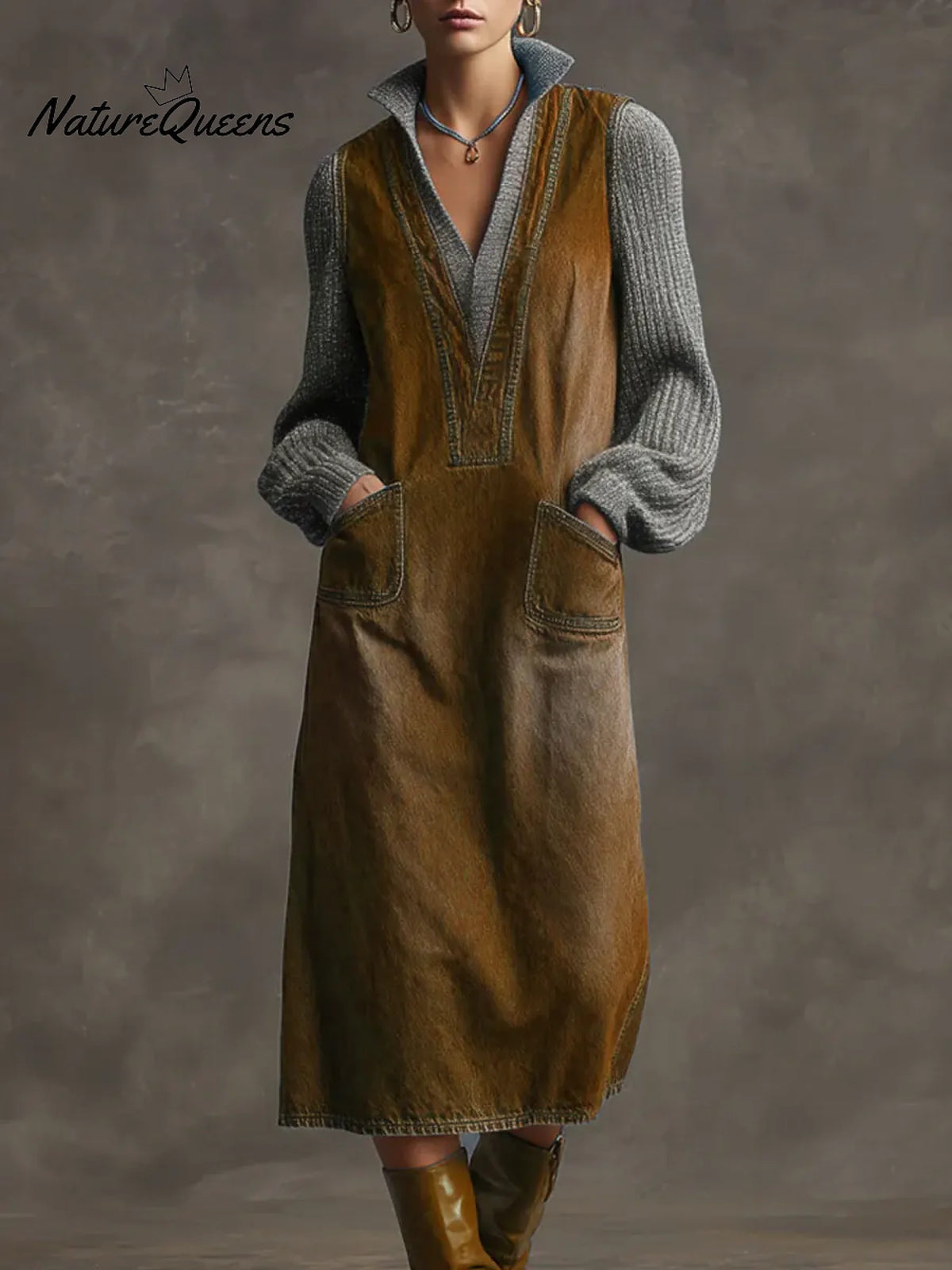 Women's Solid Color Stand Collar Long Sleeve Casual Loose Cotton Knit Patchwork Dress