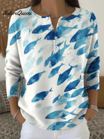 Women's Retro Blue Watercolor Little Fish Print Casual Sweater