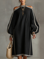 Elegant Off-shoulder Lantern Sleeve Loose Linen Cotton Dress