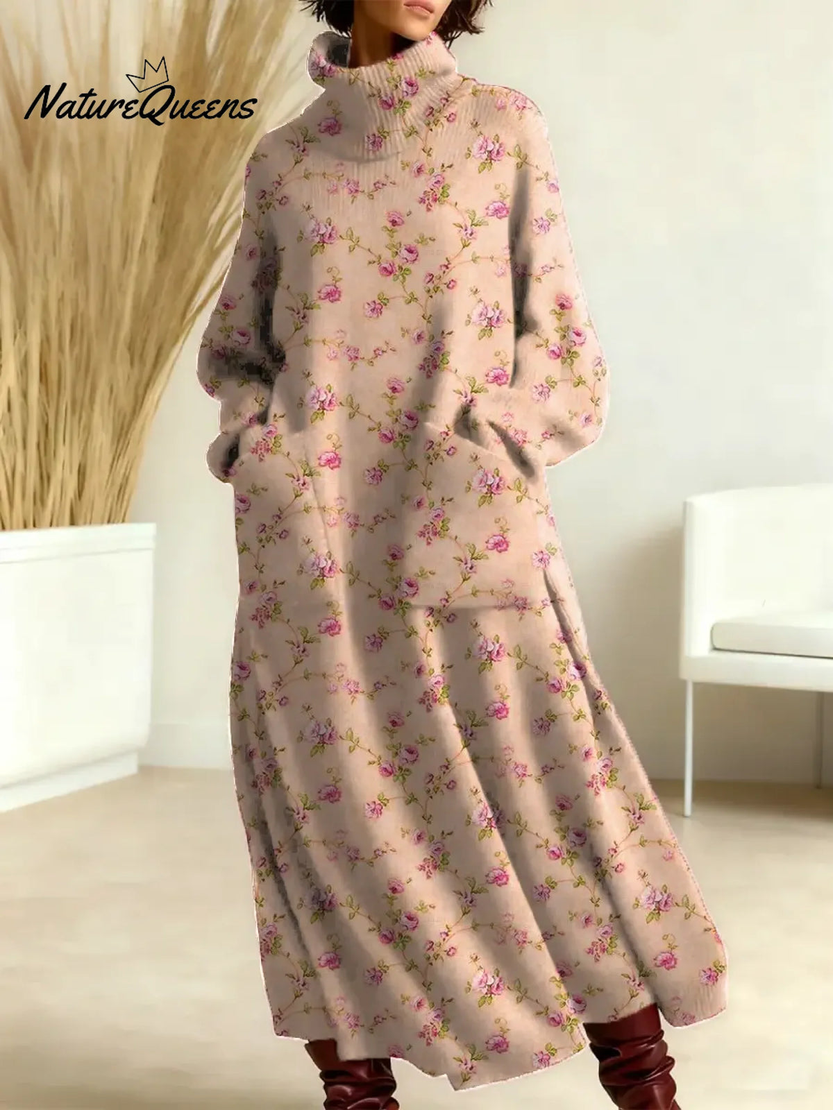 Women's Floral Pattern Art Print Casual Cotton Knitted Dress