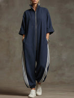 Women's Stand-collar 3/4 Sleeve Casual Loose Hooded Linen Jumpsuit