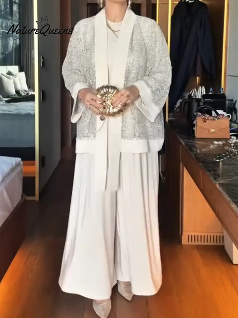 Women's Sequined Cardigan, Top And Pants Three-piece Set