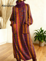 Women's Retro Splicing Colorful Flowers Pattern Art High-neck Long-sleeve Casual Loose Knit Dress