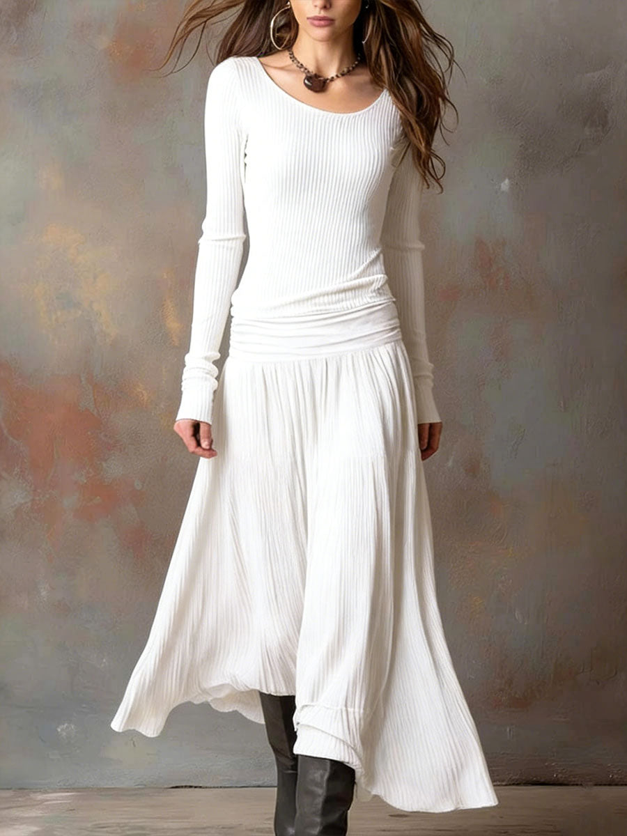 Women's Round Neck Long Sleeve Casual Loose Cotton Linen Long Dress Set