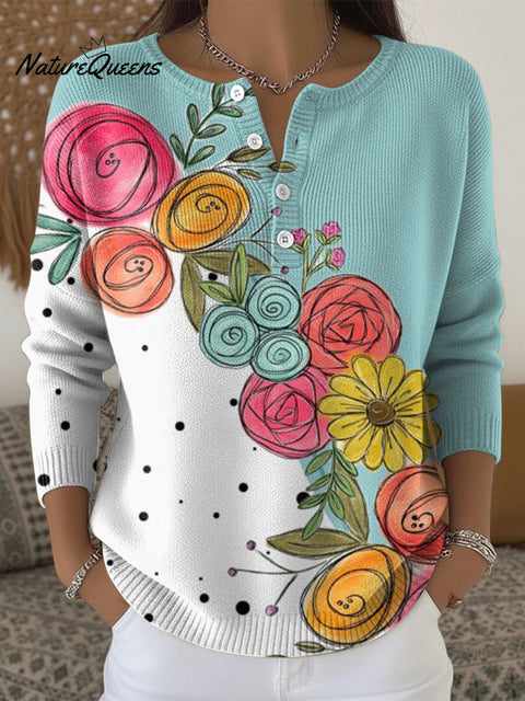 Women's Multicolor Flowers Pattern Art Print Buttoned Cardigan Sweater