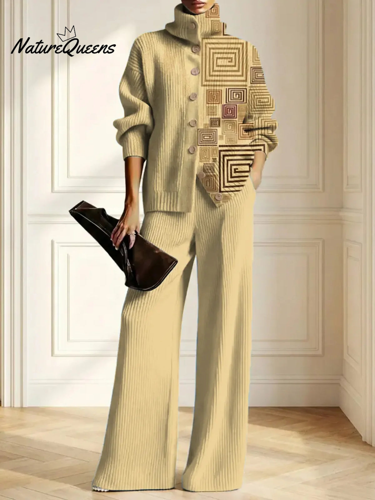 Women's Vintage Pattern Art Print Casual Cotton Knitted Suits