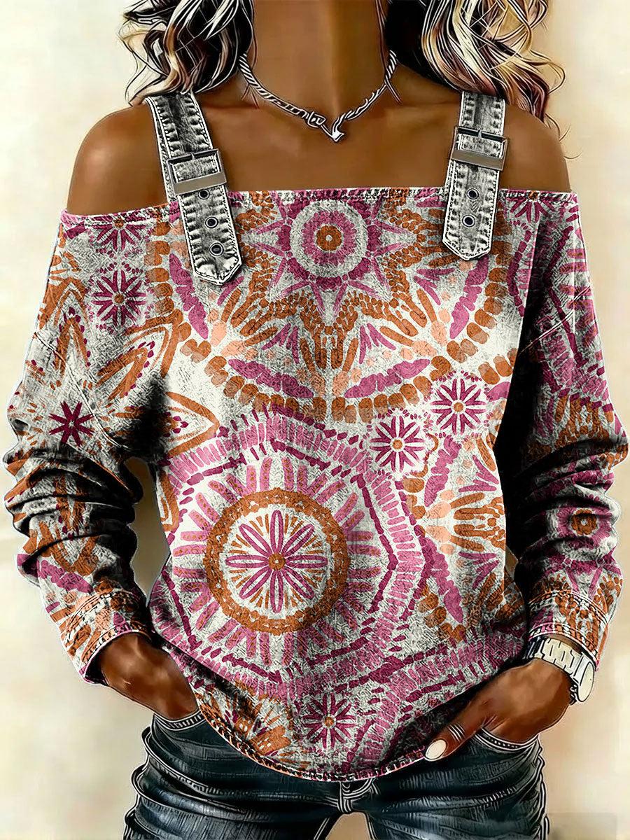 Women‘s Vintage Pattern Art Print Casual Cotton Denim Shirt