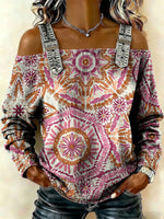 Women‘s Vintage Pattern Art Print Casual Cotton Denim Shirt