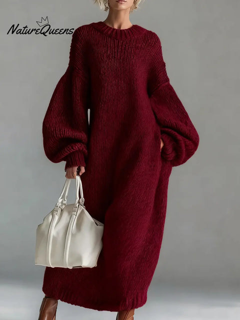 Women's Solid Color Round Neck Long Sleeve Casual Loose Knit Dress