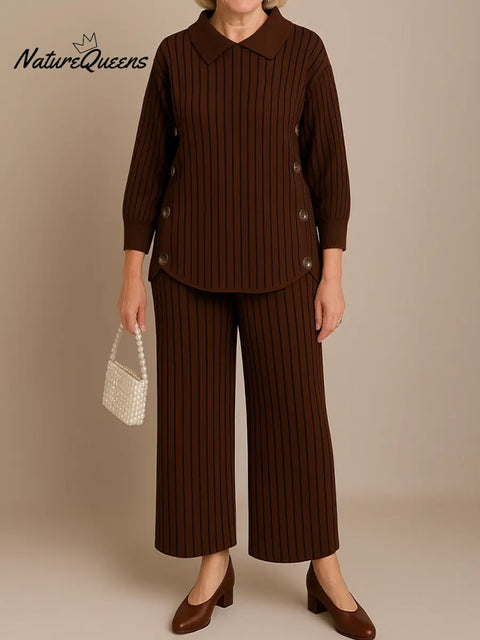 Women's Striped Print Peter Pan Collar Long-sleeved Casual Loose Top And High-waisted Striped Print Wide-leg Pants Suit